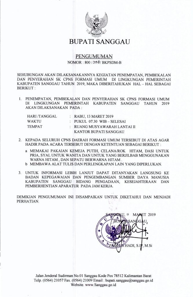 Pengumuman Kegiatan Penempatan, Pembekalan dan Penyerahan SK CPNS Formasi Umum di Lingkungan Pemerintah Kabupaten Sanggau Tahun 2019