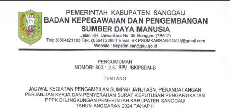 Jadwal Kegiatan Pengambilan Sumpah Janji ASN, Penandatangan Perjanjian Kerja dan Penyerahan Surat Keputusan Pengangkatan PPPK di Lingkungan Pemerintah Kabupaten Sanggau Tahun Anggaran 2024 Tahap II