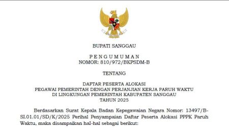 PENGUMUMAN BUPATI SANGGAU TENTANG DAFTAR PESERTA ALOKASI PEGAWAI PEMERINTAH DENGAN PERJANJIAN KERJA PARUH WAKTU DI LINGKUNGAN PEMERINTAH KABUPATEN SANGGAU TAHUN 2025
